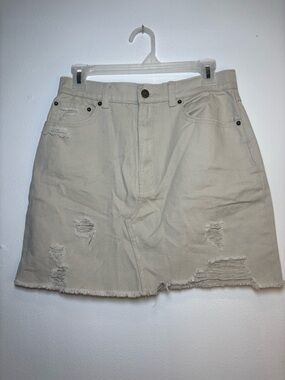 BDG Beige Denim Mini Skirt with Frayed Hem
